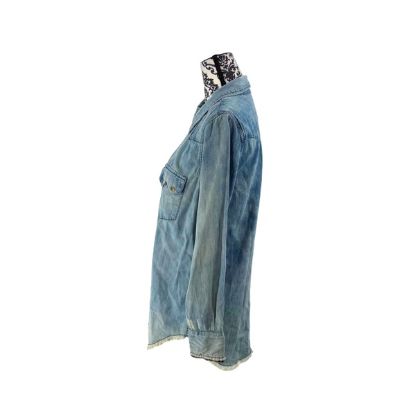 Free People Distressed Denim Shirt Boho Western Tomboy Snap Button Frayed Hem - Picture 10 of 13